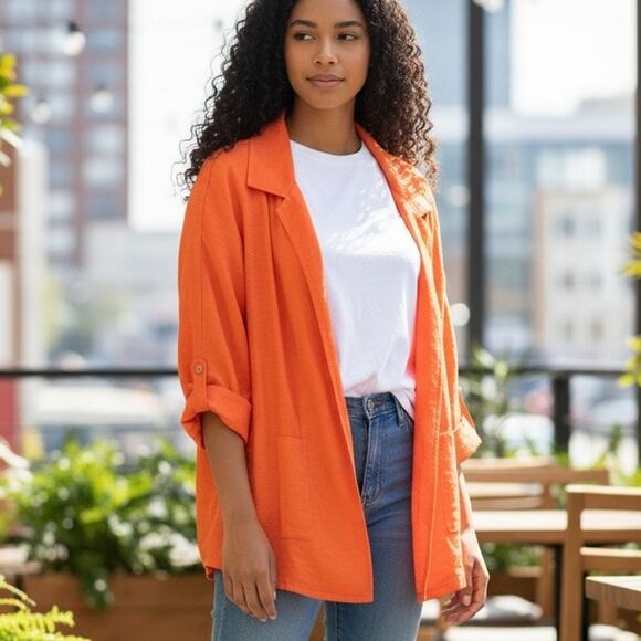 Peter Nygard Jackets & Blazers - Peter Nygard Orange Linen Cotton Blazer Jacket Sz XL Pockets Open Front